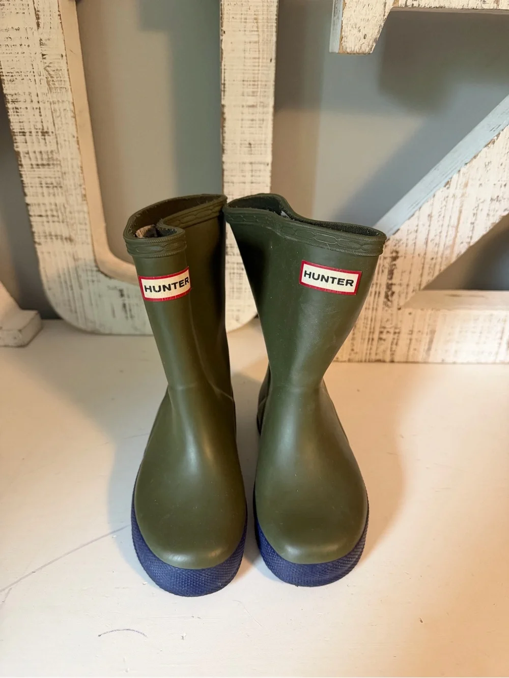 Hunter Kids Olive Green Rain Boots with Navy Soles